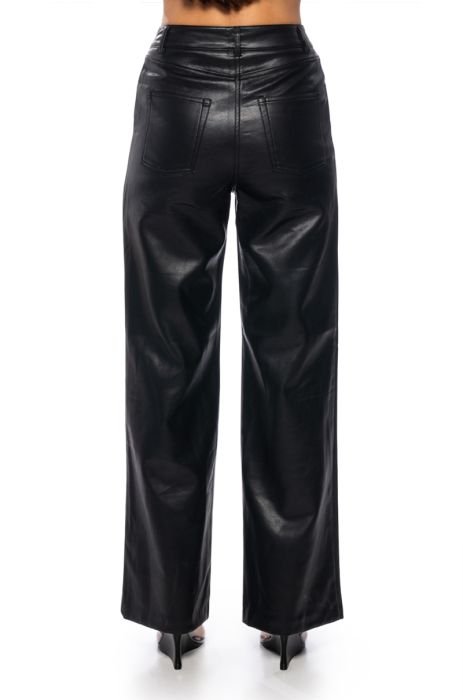 Minx - High Waisted Faux Leather Wide Leg Trousers in Black