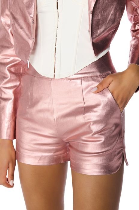AMMO X AKIRA BIG BOOTY HIGH WAIST FAUX LEATHER SHORT WITH 4 WAY STRETCH IN  ROSE GOLD
