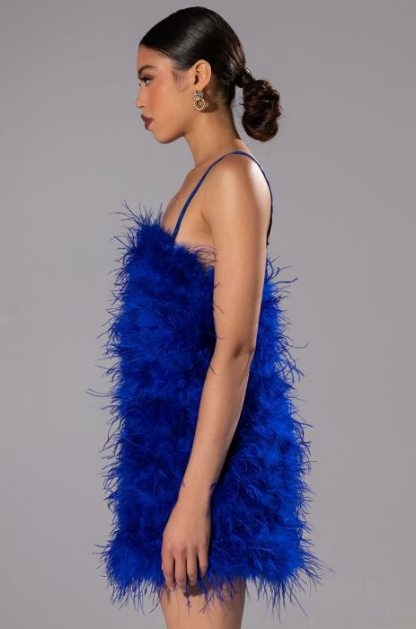 Ostrich Feather Embellished Strapless Mini Dress in Blue