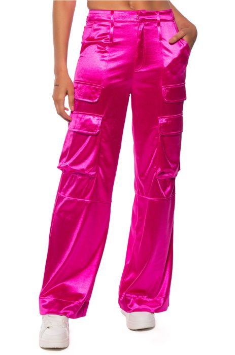 Women's Pink Pants, Wide, Flared, Cargo, Leather