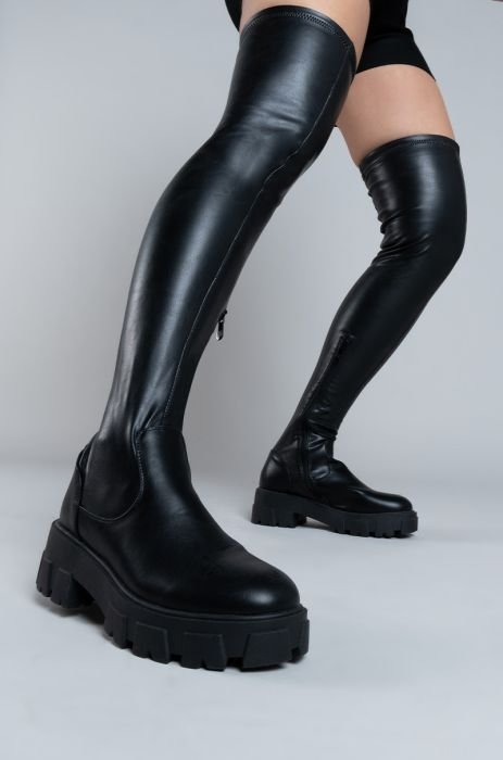 Womens Thigh High Boots Sexy Black PU Leather Surgical Stretch Over The  Knee High Boots Round Toe Low Chunky Heel Stiletto