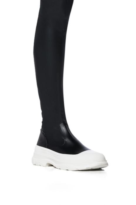 AZALEA WANG OH MY LOVE FAUX LEATHER THIGH HIGH FLATFORM SNEAKER BOOT WITH 4  WAY STRETCH IN BLACK