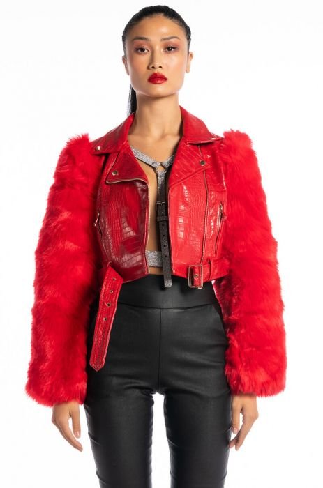 Men's Gotta Run Faux Crocodile Leather Moto Jacket in Red Size Small by Fashion Nova