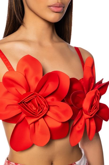 Bralette Crop Top - Red Satin with Flowers – purrrshop