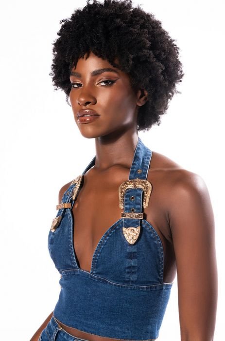 Denim Suspenders Wear Fish Bone Tube Top Nail Beads Tassel Hip-hop Dance  Tight Chest with Chest Pad (Color : Blue, Size : 34B/75)