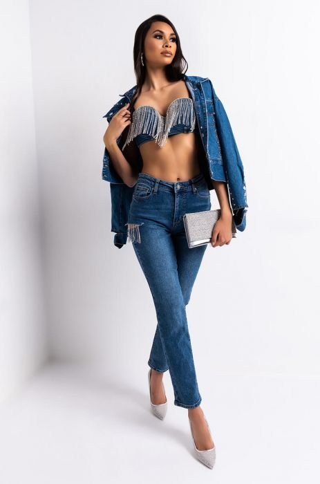 Blowing Your Mind Slit-Front Wide Leg Rhinestone Jeans (Light Wash)