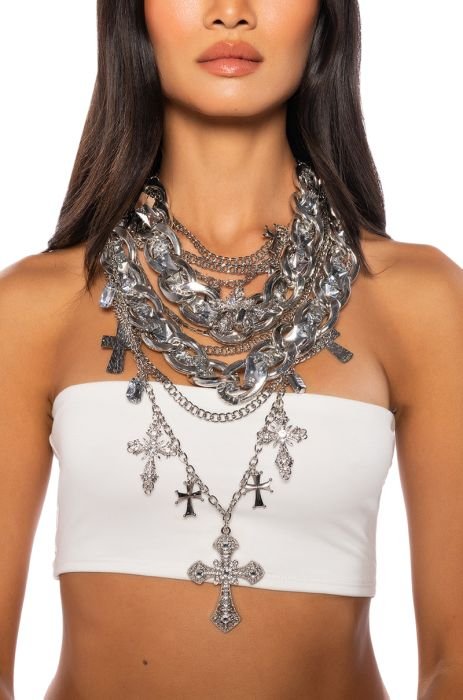 CROSS ME CHUNKY LAYERED NECKLACE SETin silver
