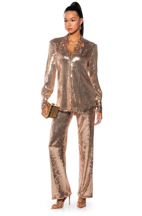 DISCO FEVER SEQUIN EMBELLISHED HIGH WAIST FLARE PANT IN GOLD