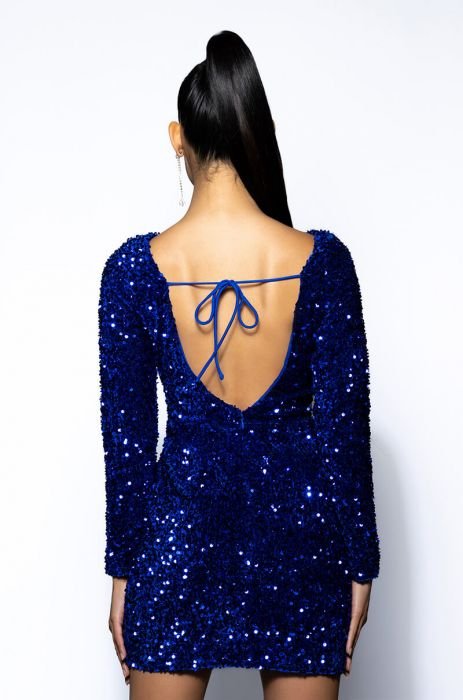 Alyiah Blue Sequin Knit Long Sleeve Mini Dress