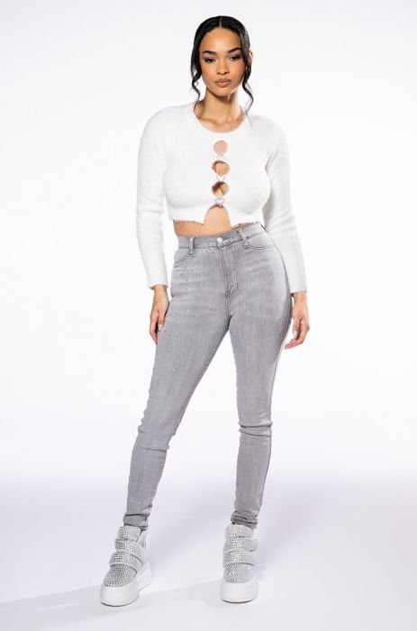 EXTREME STRETCH GREY WAISTED IN RHINESTONES JEANS WITH SKINNY HIGH