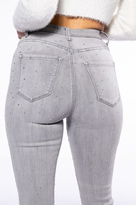 SKINNY HIGH IN STRETCH WAISTED WITH JEANS RHINESTONES EXTREME GREY