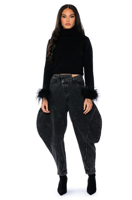 Lulus Material Girl Black Ribbed Feather Cuff Sweater Top