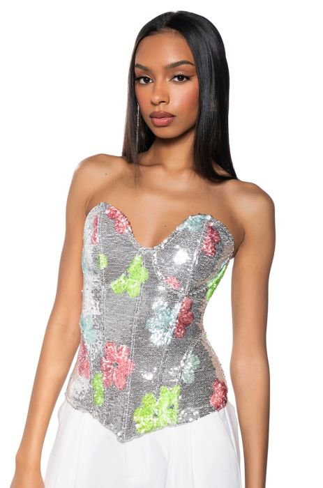 FLOWER POWER SEQUIN COVERED CORSET TOP IN SILVER MULTI