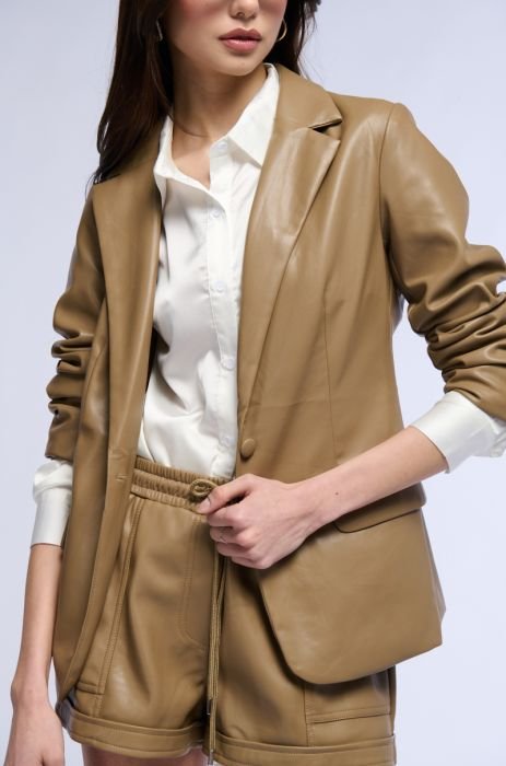 GIRL BOSS SOFT FAUX LEATHER BLAZER IN BROWN