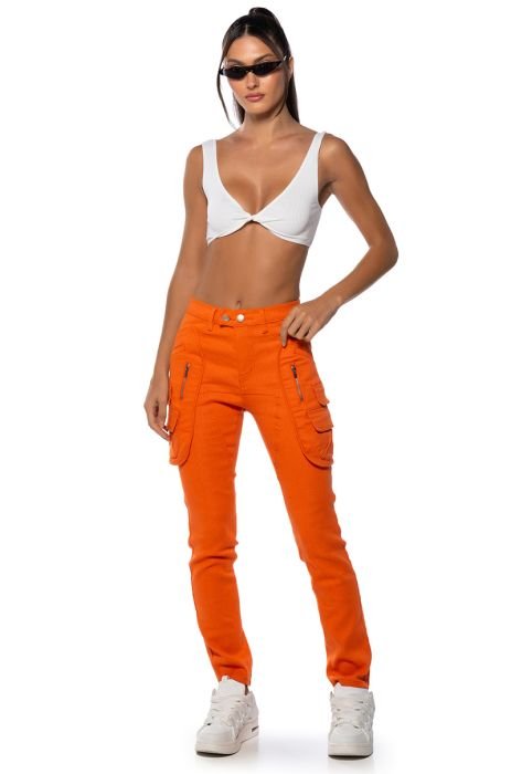 OTFTHPCW Spring Orange Cargo Pants Women High Waist Pants Loose