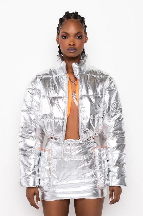 Silver Metallic Crop Puffer Jacket