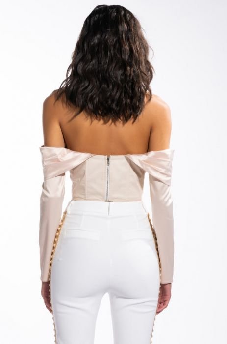 IF YOU LOVE ME SAY SO OFF THE SHOULDER POPLIN CORSET BLOUSE in beige