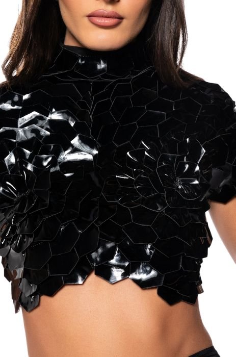 IN BLOOM FAUX LEATHER SHORT SLEEVE TOP