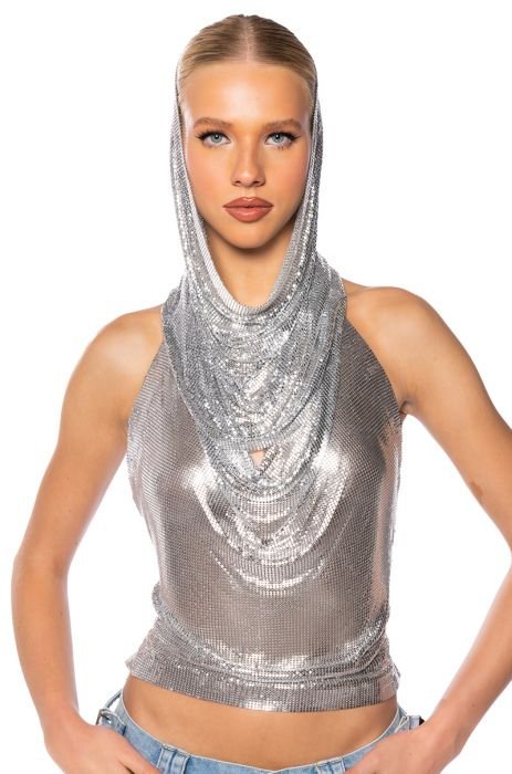 IN MY HIGH HOODED CHAINMAIL TOP IN GOLD, SILVER