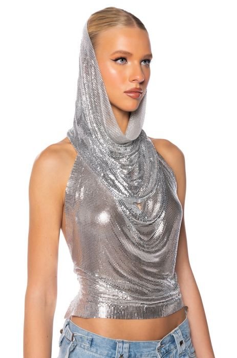 IN MY HIGH HOODED CHAINMAIL TOP IN GOLD, SILVER