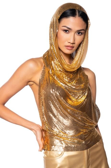 IN MY MIND HIGH SHINE HOODED CHAINMAIL TOP IN GOLD, SILVER