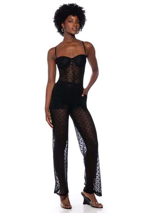 Black Lace Sheer Longline Top, Two Piece Sets