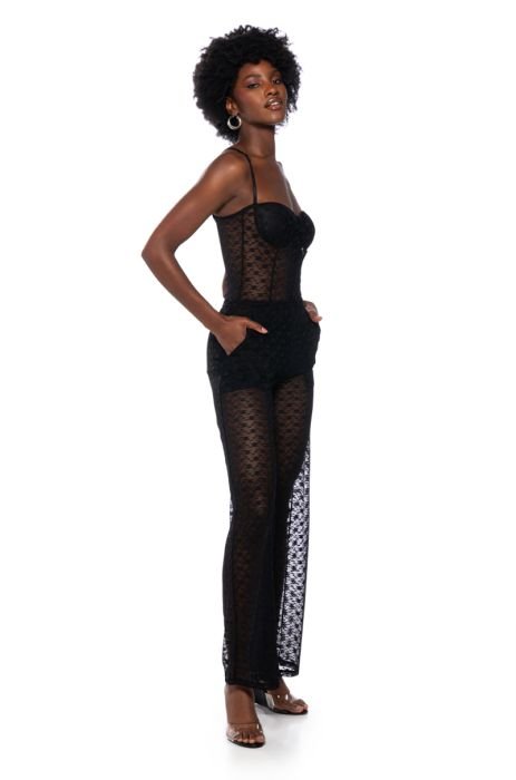LACE ME UP SHEER TWO PIECE SET in black