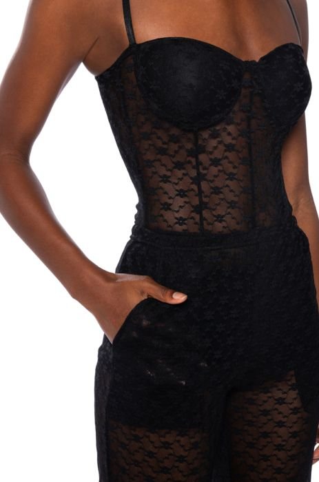 Black Sheer Lace Fitted Shirt, Two Piece Sets