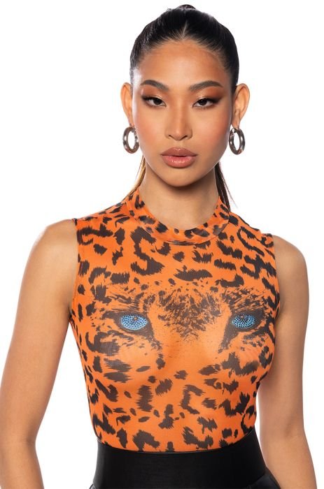 Basic Instincts Orange Tiger Print Backless Mesh Bodysuit