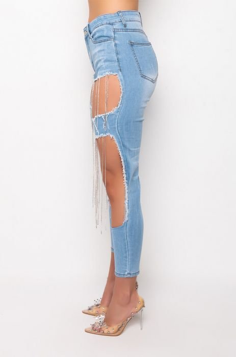 Rhinestone No Stretch Front Open Panel High Rise Distressed Jeans