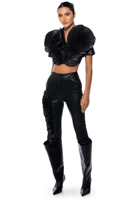 LOTUS FLOWER BOMB FAUX LEATHER COLLARED TOP in black