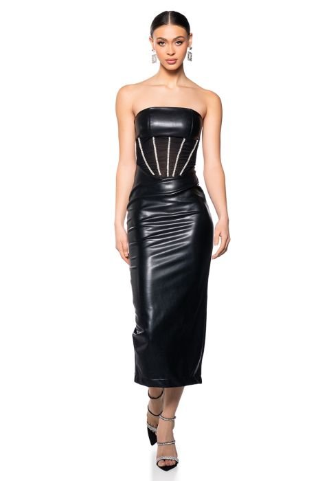 Strapless Buckle Faux Leather Dress in Black