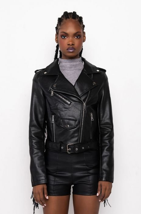 Black Faux Leather Fringe Moto Jacket