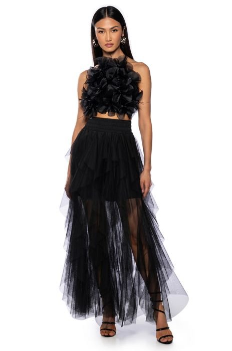 Black Embellished Crop Mesh Cami & Maxi Skirt& Maxi Skirt – Terry Macc