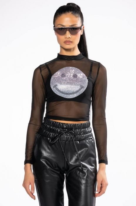 MOVE ALL NIGHT RHINESTONE SMILEY FACE SHEER MESH TOP IN BLACK
