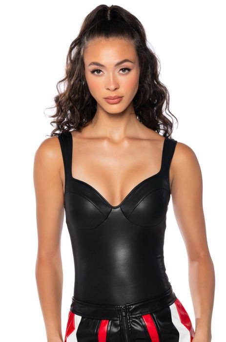 NEVER LACKING FAUX LEATHER BODYSUIT IN BLACK