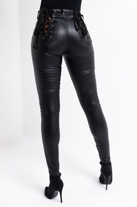 Vegan Leather Lace Up Trousers - Black