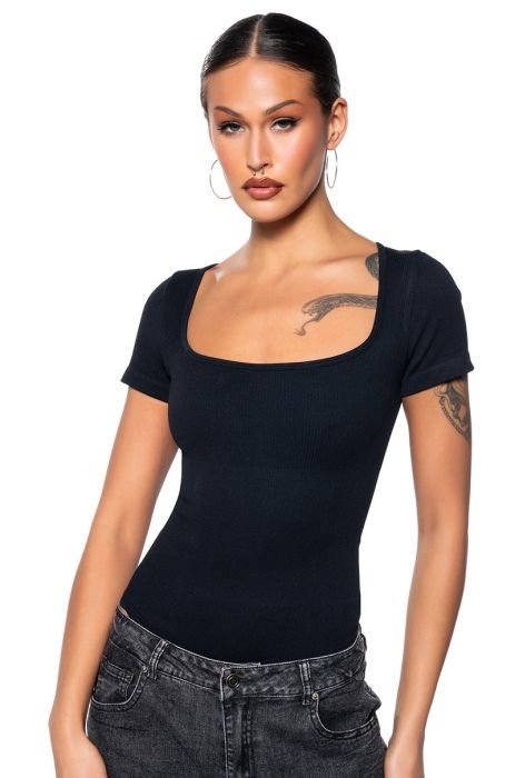 Womens Black Seamfree Ribbed T-Shirt Bodysuit