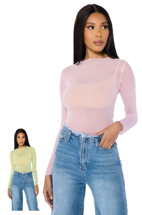 PAXTON SEXY SINGLE MESH LONG SLEEVE BODYSUIT IN PINK