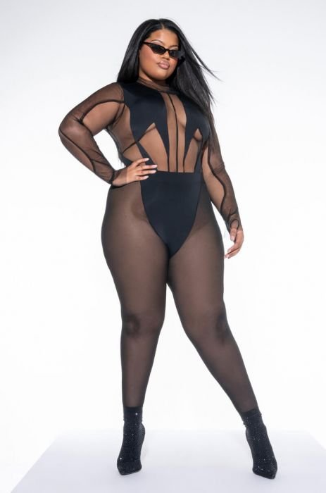 Final Sale Plus Size Sheer Bodysuit in Black Maze and Animal Print