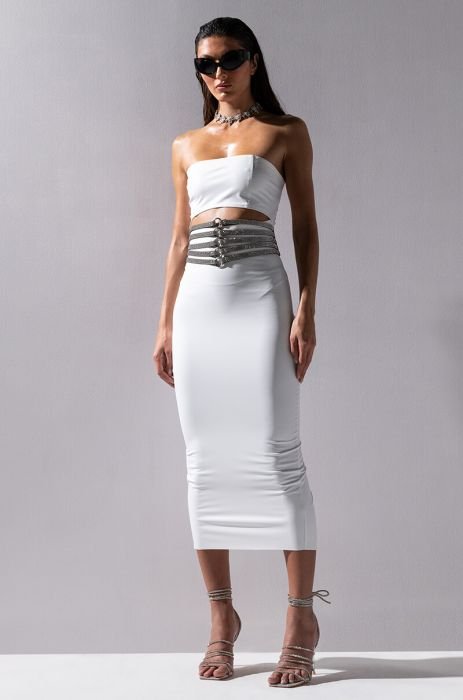 PRETTY LADY PLEATHER CUT OUT MIDI DRESS WITH 4 WAY STRETCH IN WHITE