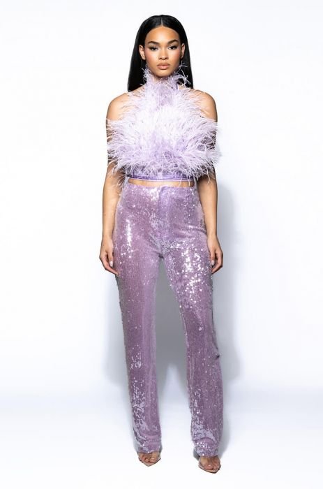 Zuri Sequin Lilac Purple Feather Top – Lace & Beads