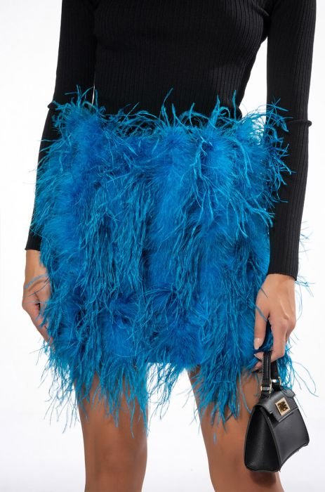 REAL OSTRICH FEATHERS MINI SKIRT IN BLUE