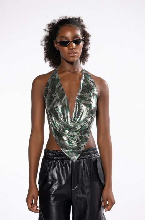 REPORTING FOR DUTY HIGH SHINE CHAINMAIL HALTER TOP in green multi