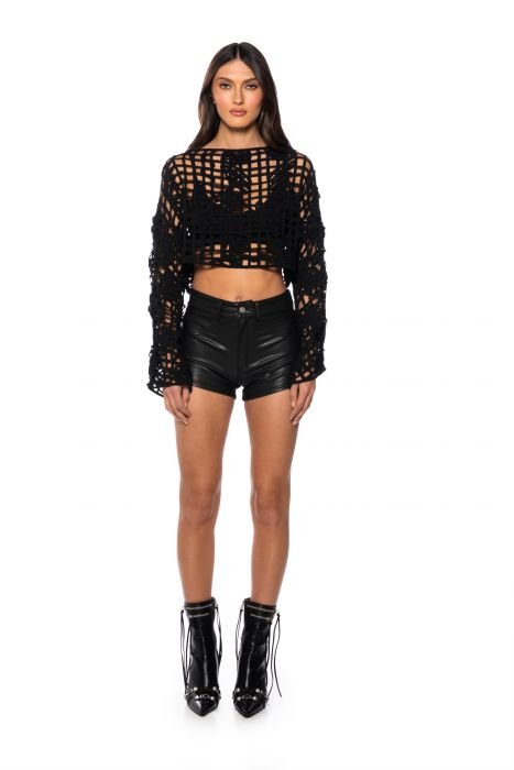 Black short lace up pu leather crop top