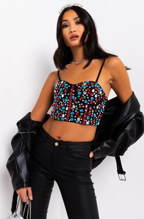 Black Corset Bustier Crop Top with Clear Rhinestones – Stylenchic