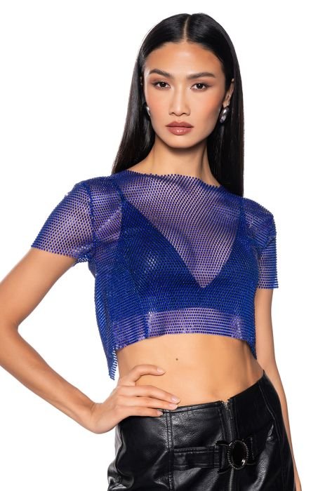 Royal Blue Rhinestone and Pearl Embellished Mesh Top - Size S