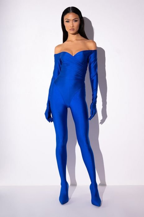 STAR STRETCH IT'S GIVING MODEL MATERIAL GLOVED BODYSUIT IN ROYAL BLUE