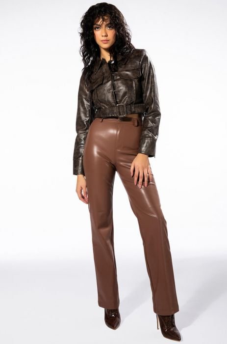 Chocolate Brown Leather Straight Leg Trousers