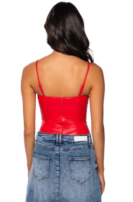 ULTRA STRETCH FAUX LEATHER SQUARE NECK BODYSUIT IN RED